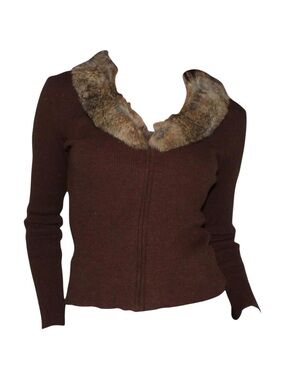 Vintage brown ribbed knit zip up sweater with rabbit fur collar